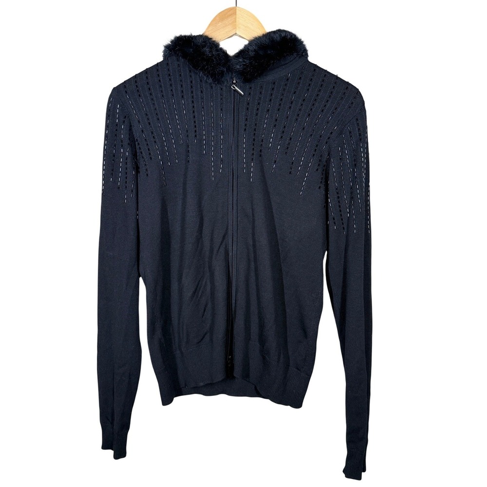 Cache Y2K Cardigan Sweater Zip Up Beaded Fur Trim Hooded Silk Blend Black ‎ M - Picture 2 of 13